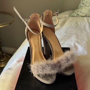 Charlotte Russe Fur-Trim Ankle Strap Heels in Taupe Gray